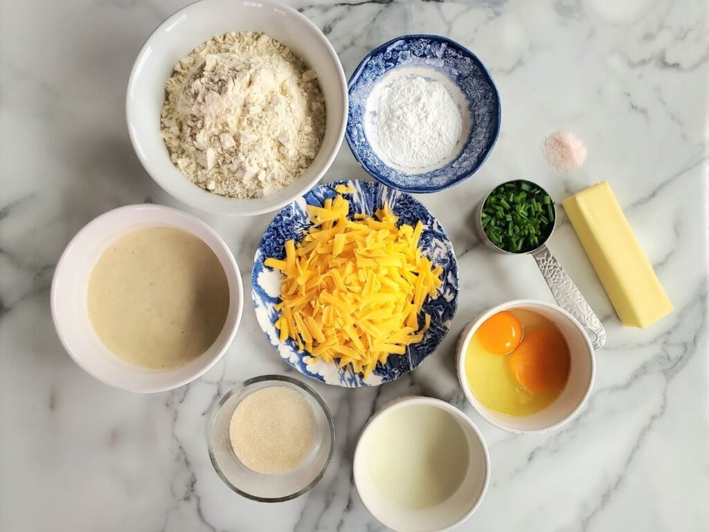 bowls of ingredients for cheddar chive scones