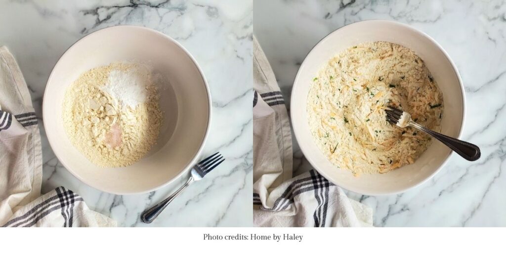 ingredients for cheddar chive scones in a bowl