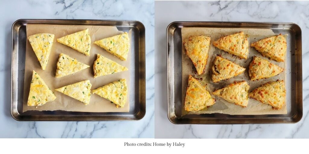cheddar chive sourdough scones on a baking sheet