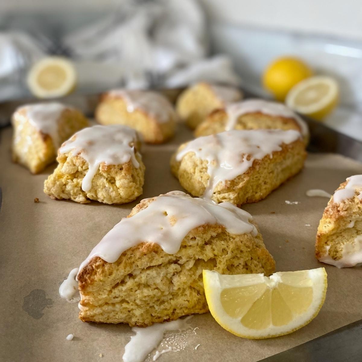 lemon sourdough scones on parchment paper