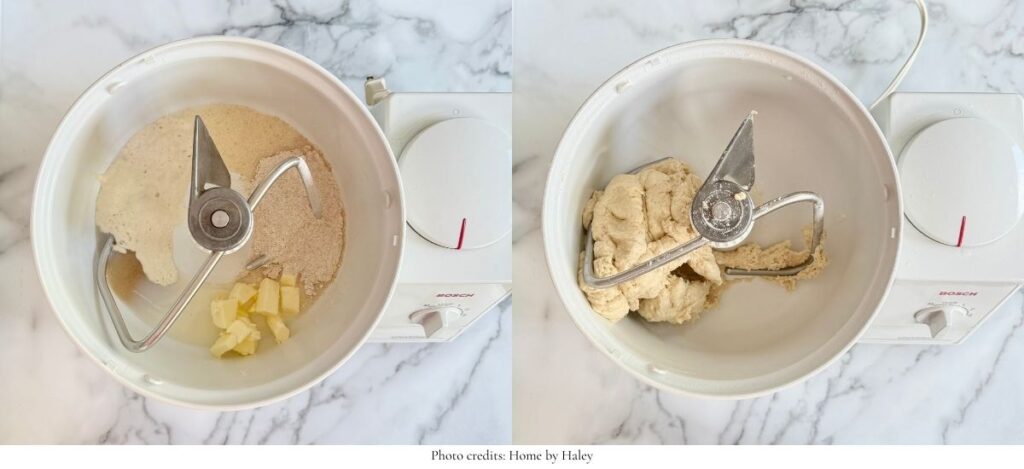 sourdough cinnamon roll dough in a stand mixer