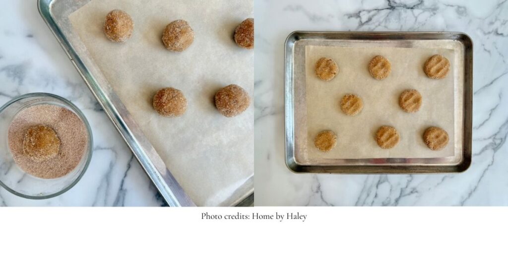 sourdough pumpkin snickerdoodle dough balls on a baking sheet