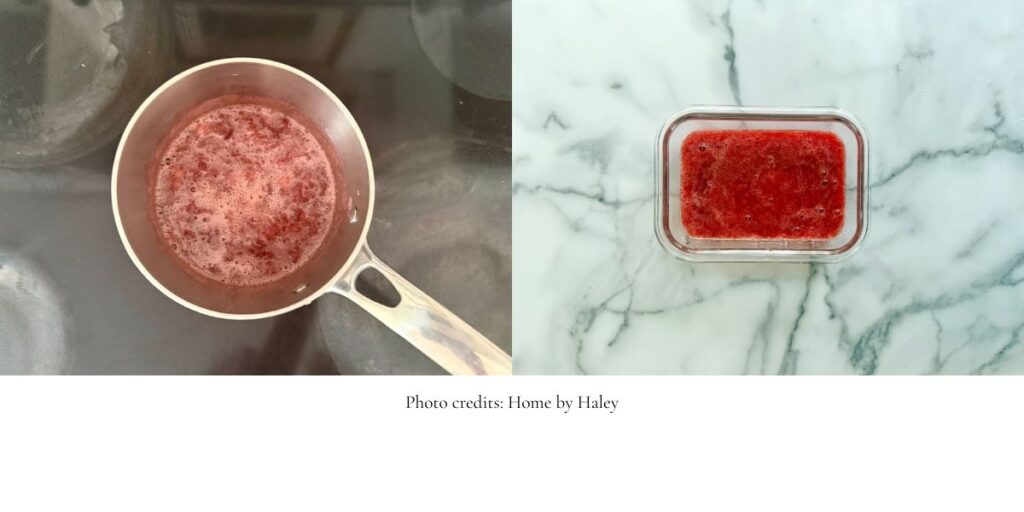 strawberry cheesecake filling in a glass dish