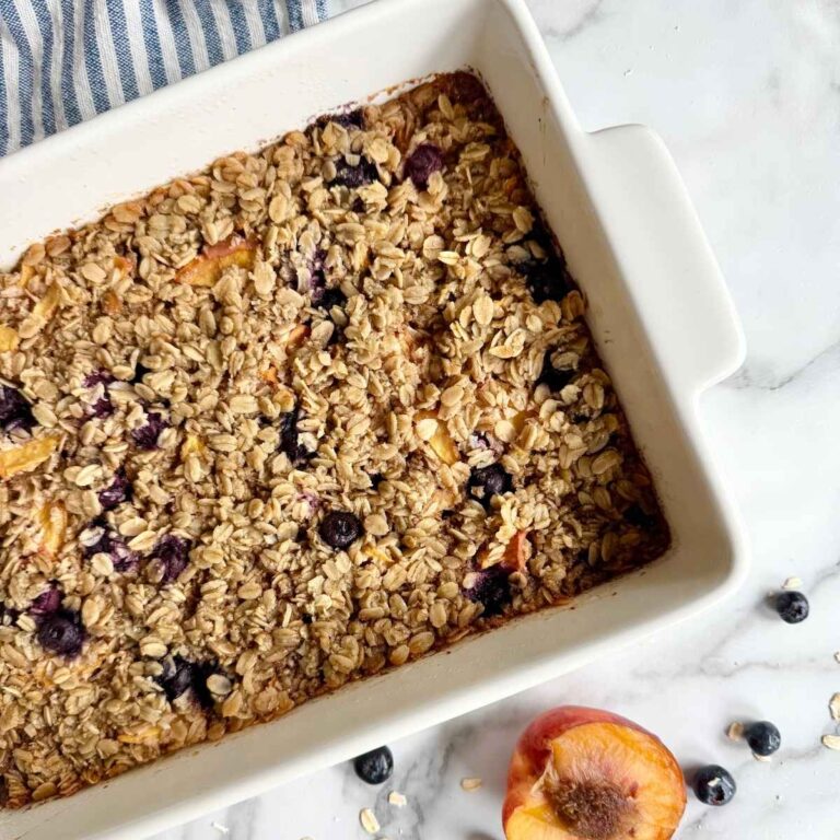 brown butter peach blueberry baked oatmeal with blueberries