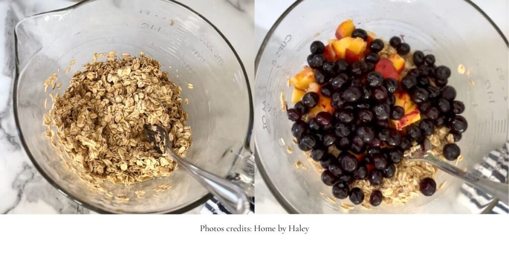 brown butter peach blueberry baked oatmeal mixture in a mixing bowl
