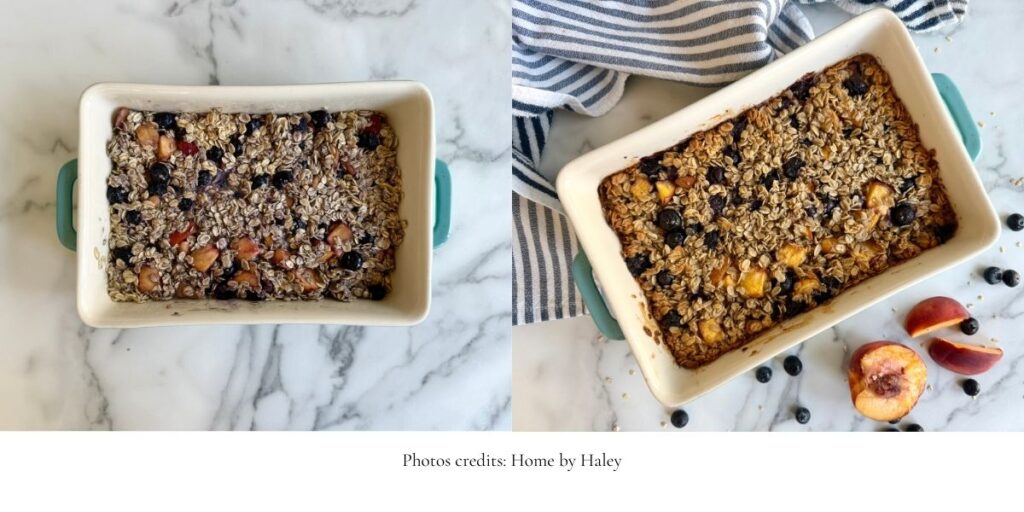 brown butter peach blueberry baked oatmeal in a baking dish