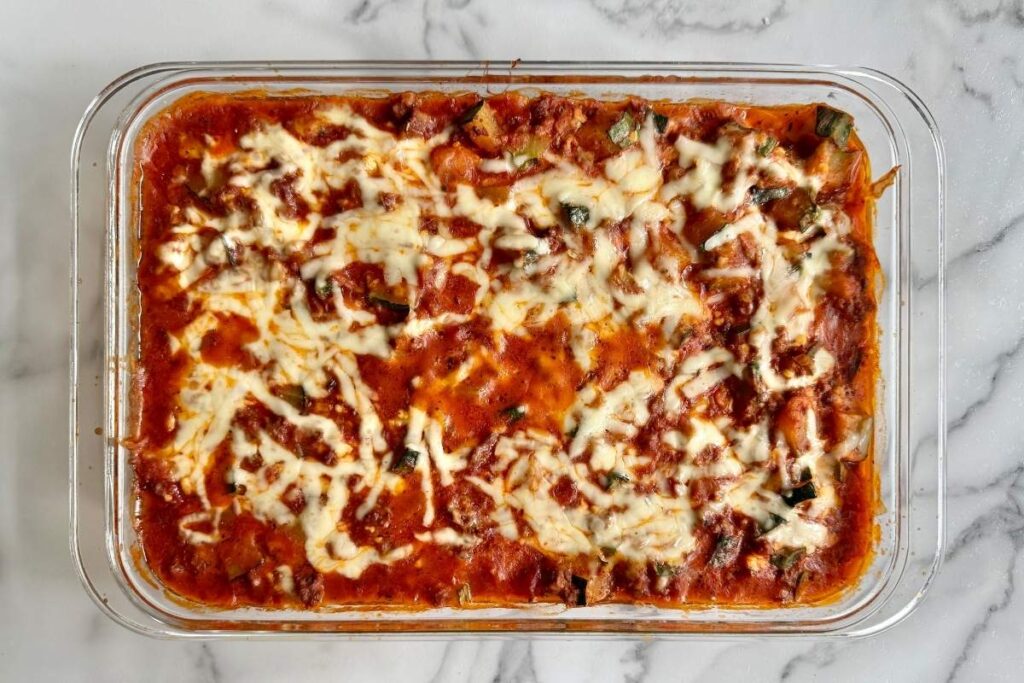 deconstructed zucchini lasagna in a 9x13 baking dish