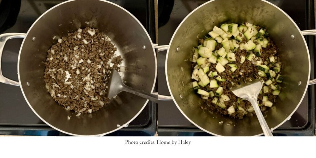 ground beef and diced zucchini in a stock pot