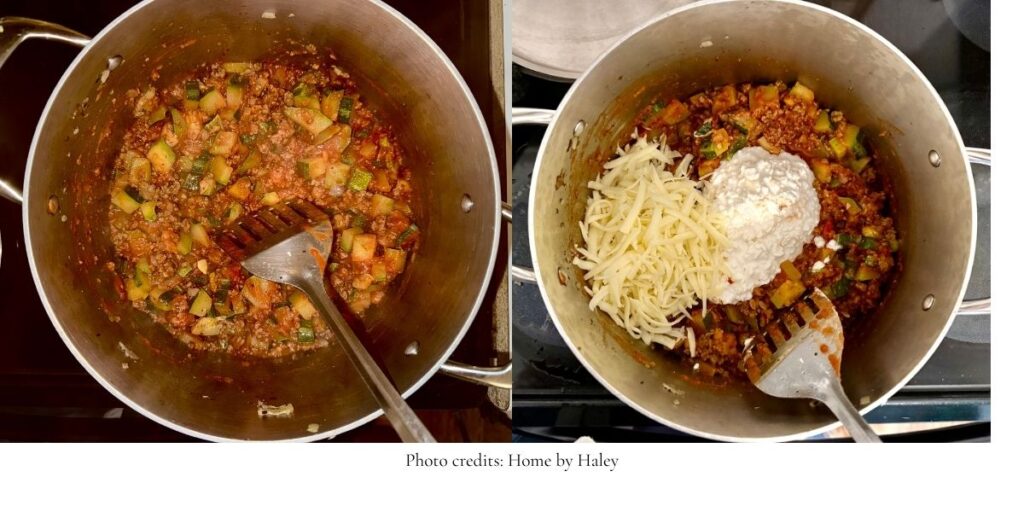 deconstructed zucchini lasagna in a stock pot