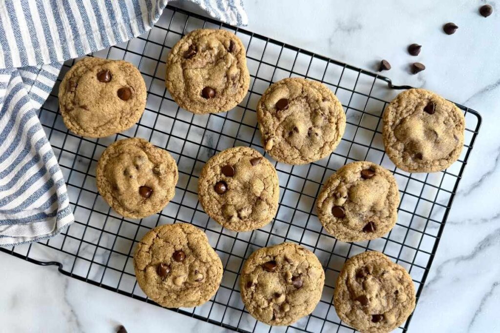 brown butter chocolate chip cookies made with freshly milled flower on a cooling rack