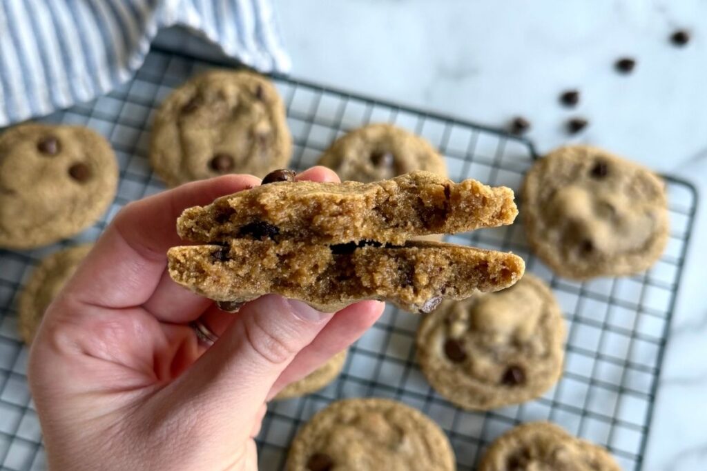 brown butter fresh milled chocolate chip cookies in someones hand