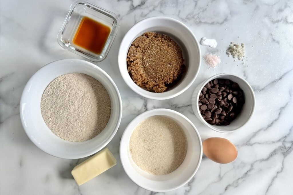 flour, brown sugar, and chocolate chips in bowls