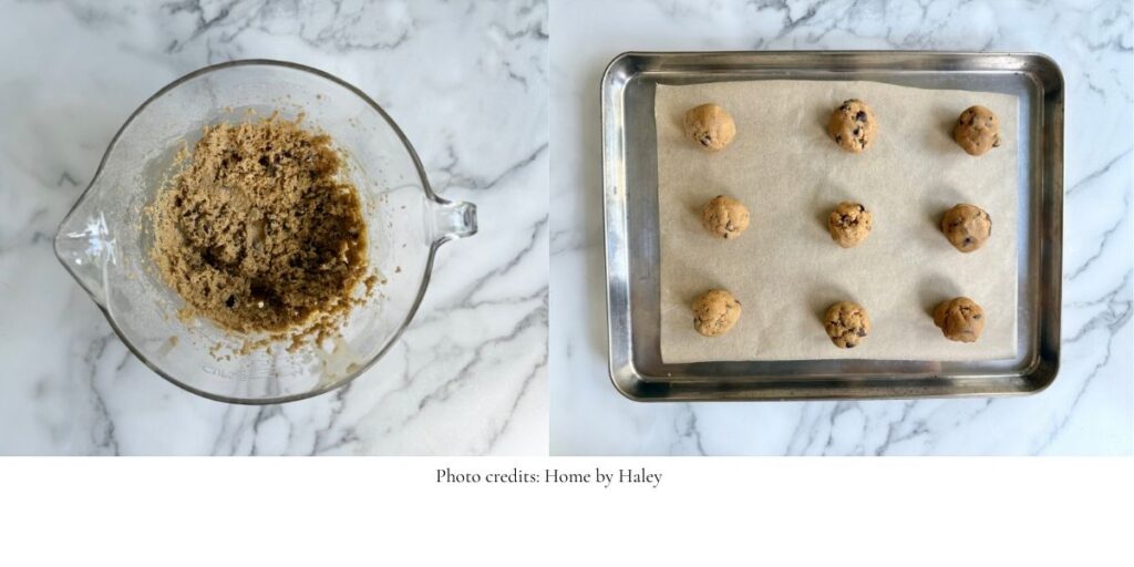 brown butter fresh milled chocoalte chip cookie dough balls on a baking sheet