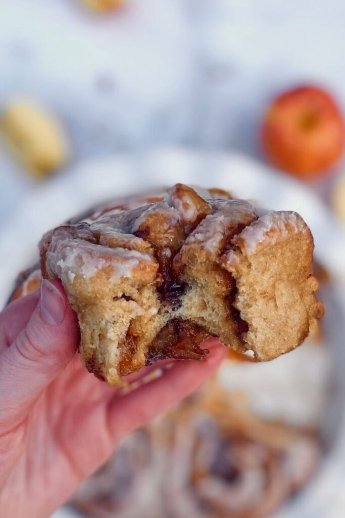 fresh milled sourdough apple pie cinnamon rolls with icing