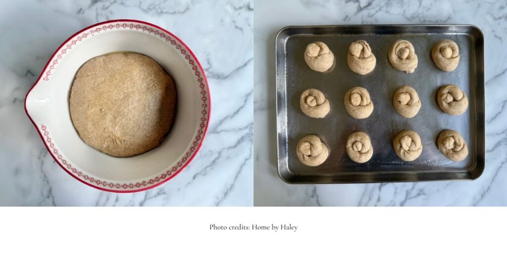 fresh milled sourdough garlic knots on a baking sheet