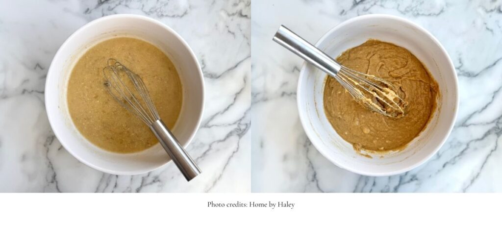 fresh milled einkorn banana muffin batter in a mixing bowl
