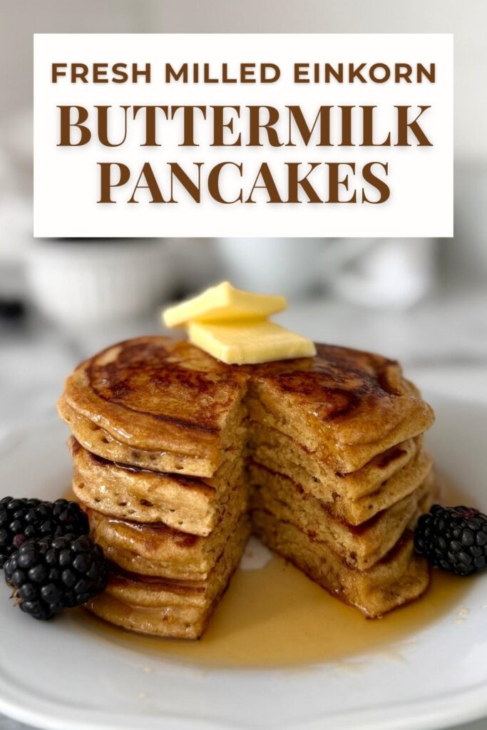 fresh milled einkorn buttermilk pancakes on a plate