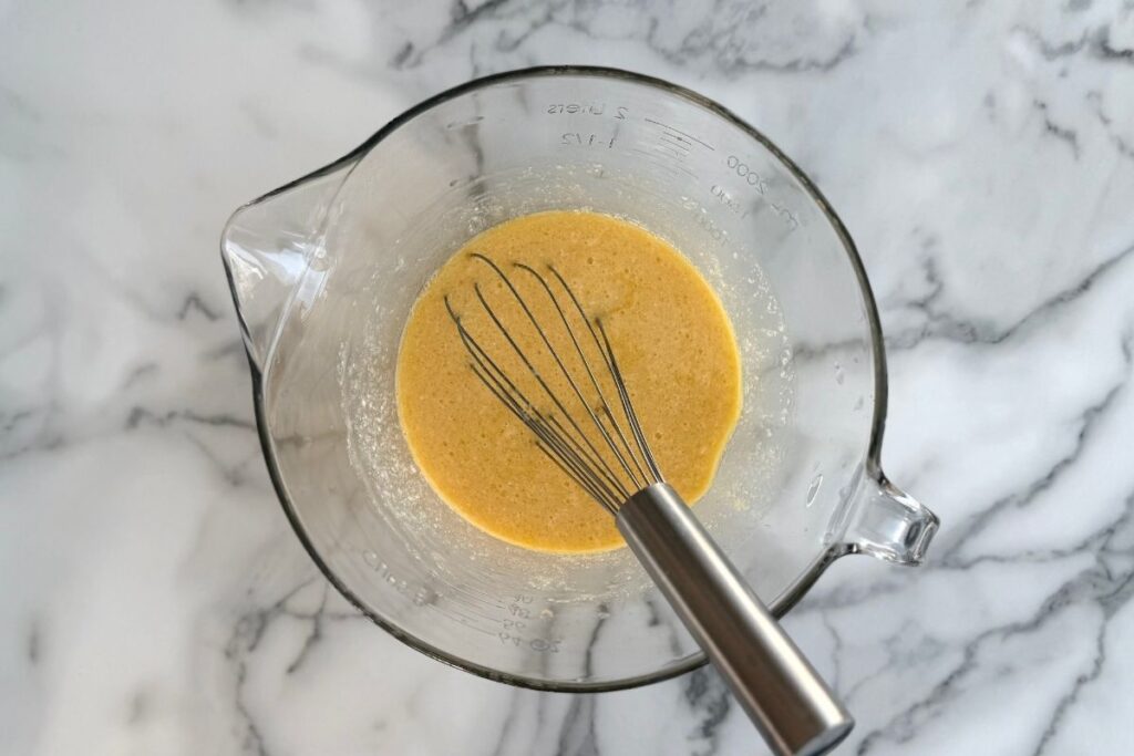 wet ingredients for einkorn pancakes in a mixing bowl