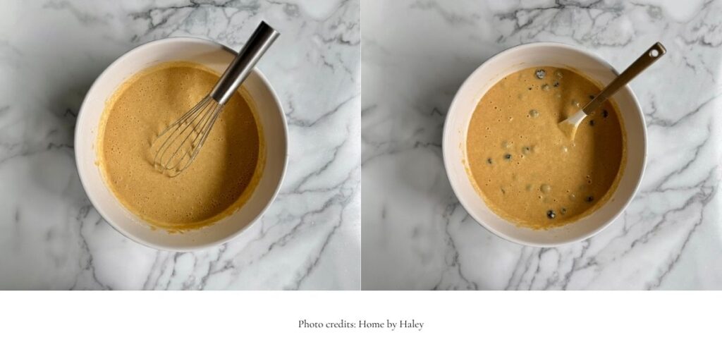 einkorn blueberry muffin batter in a mixing bowl