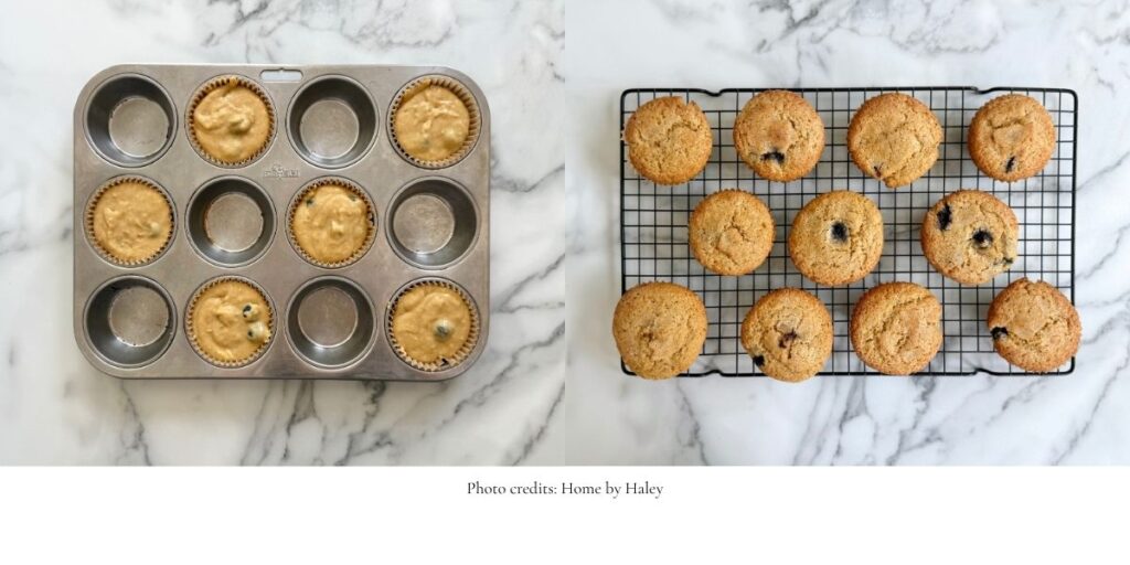 fresh milled einkorn blueberry muffins on a cooling rack