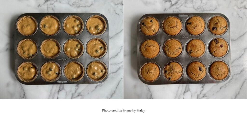 fresh milled einkorn blueberry muffins in a muffin tin