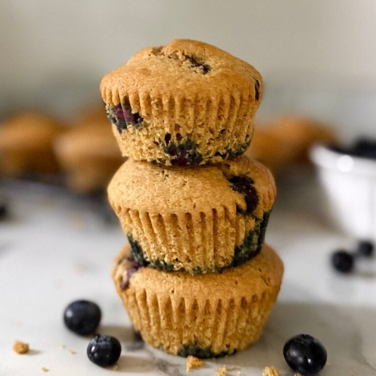 einkorn blueberry muffins in a stack