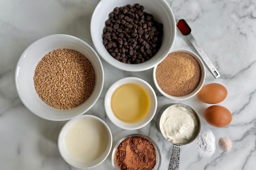 ingredients for fresh milled einkorn chocolate muffins