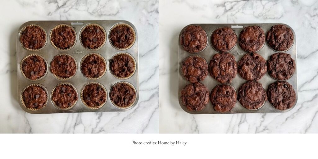 double chocolate einkorn muffins in a baking pan