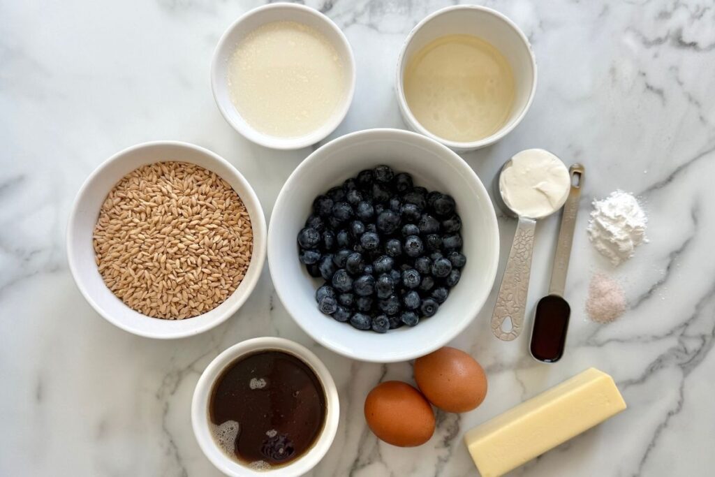 ingredients for fresh milled einkorn blueberry muffins