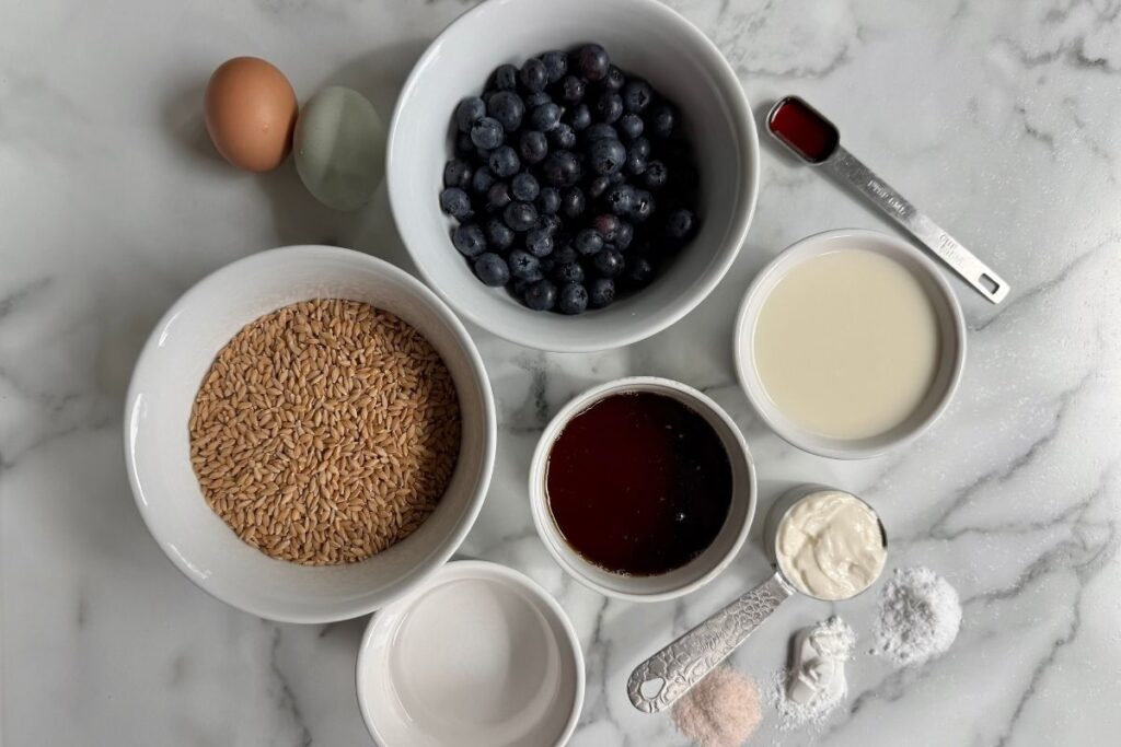 ingredients for easy einkorn blueberry muffins