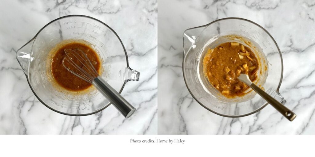 peach brown butter einkorn blondie batter in a mixing bowl  