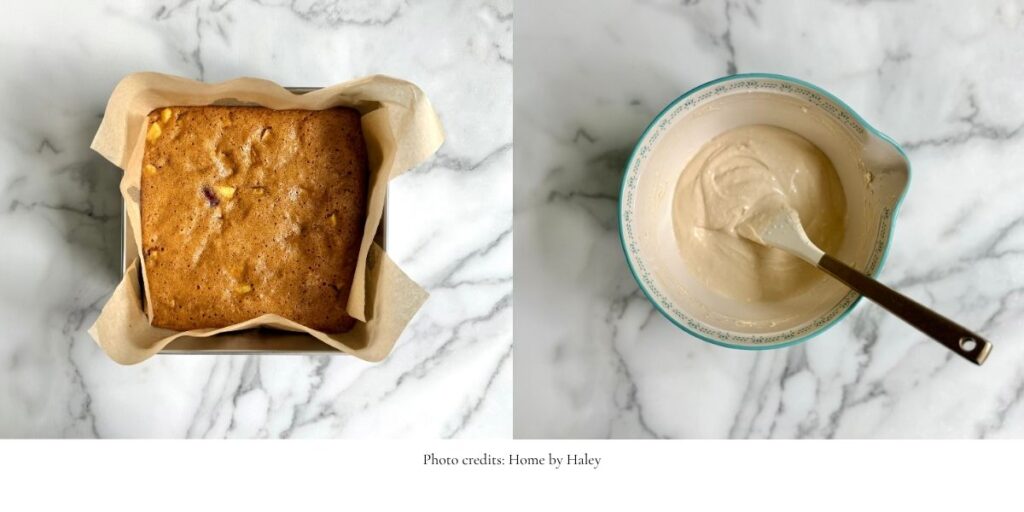 peach brown butter fresh milled einkorn blondies in a baking pan